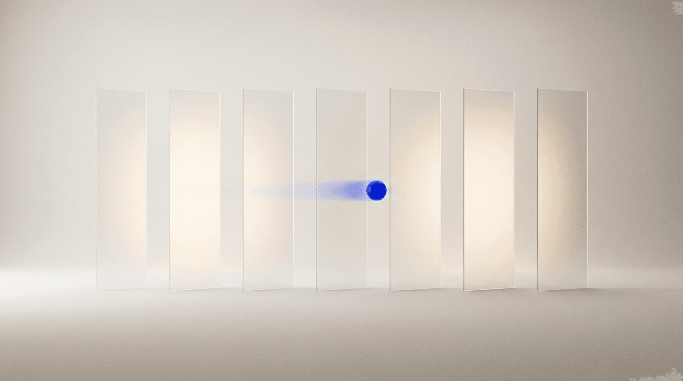 A blue dot gliding through seven softly lit panels