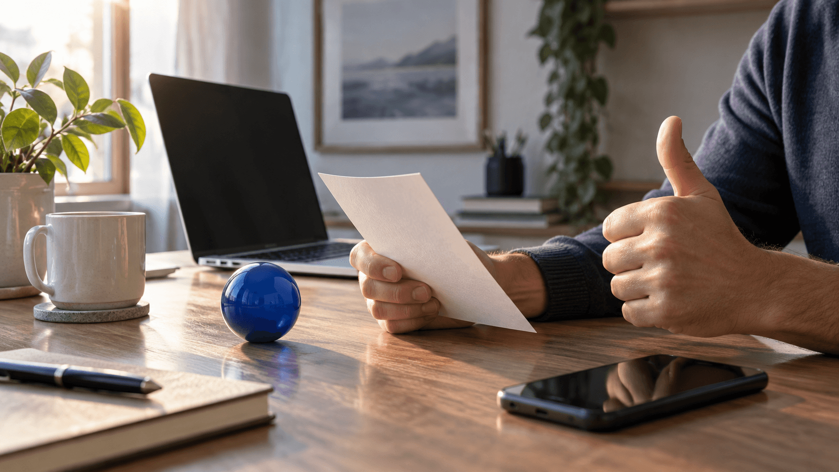 A person reviewing one simple task beside a blue Clark sphere on a calm office desk