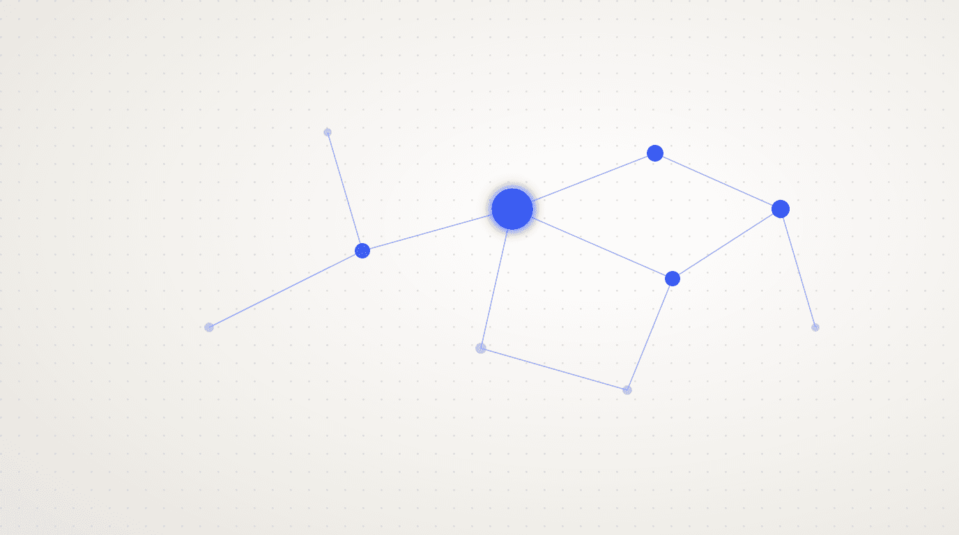 An abstract cobalt-blue knowledge graph of glowing connected nodes on a light dotted canvas