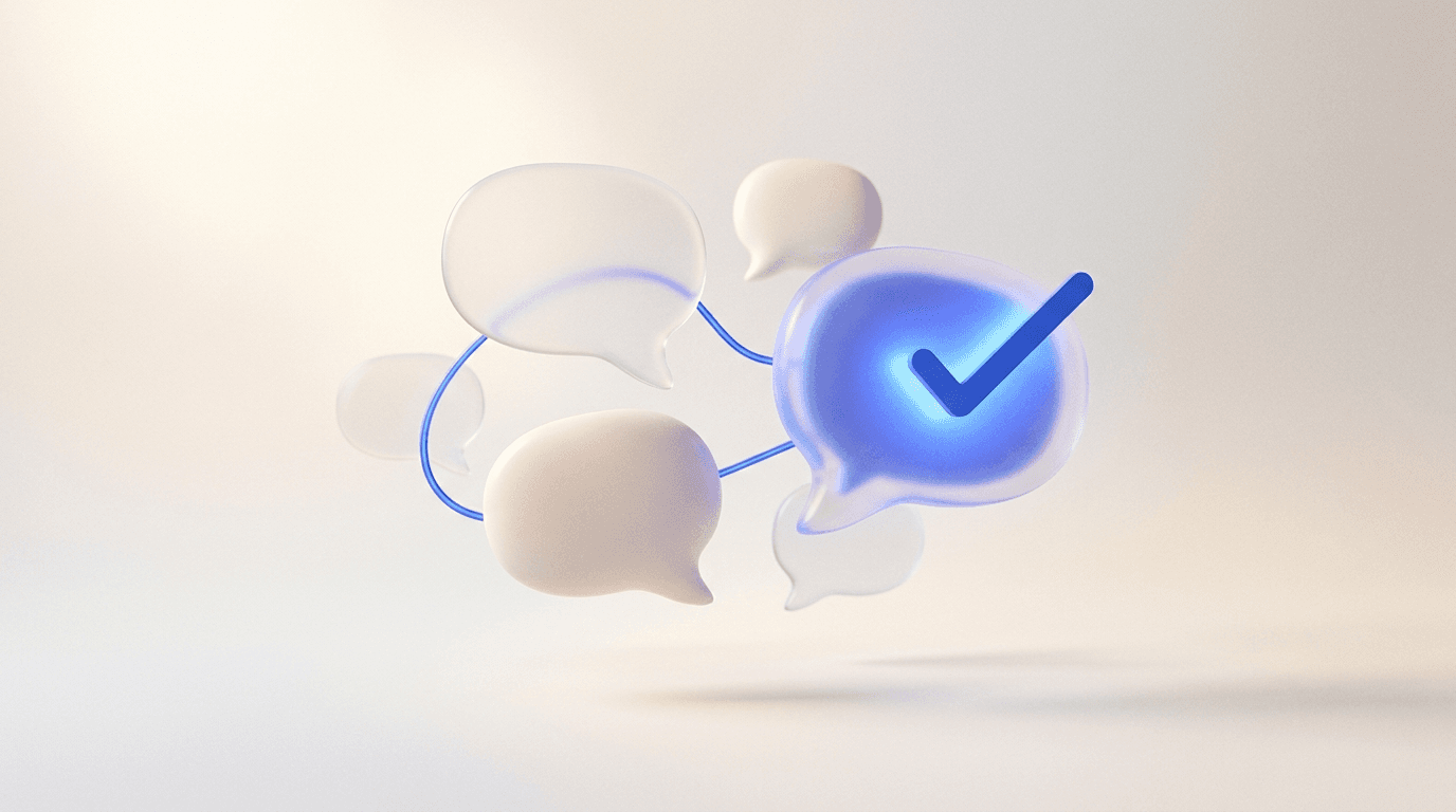 Glass message bubbles, one glowing blue with a checkmark